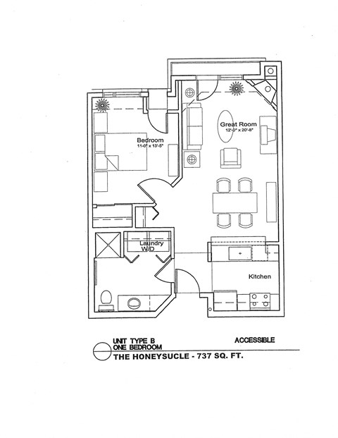 Floor plan for 1 bed, 1 bath, 718 sqft